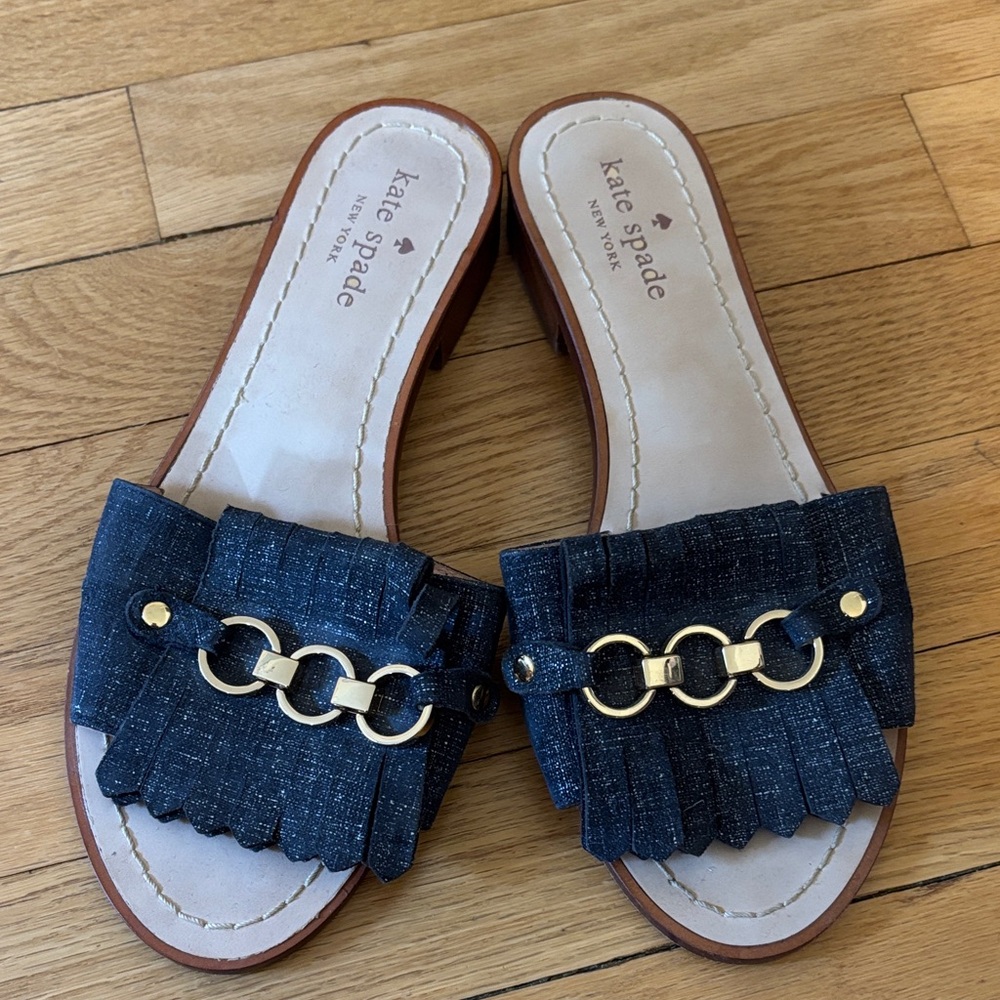 Kate Spade Denim Blue Fringe Mules with Gold Chain